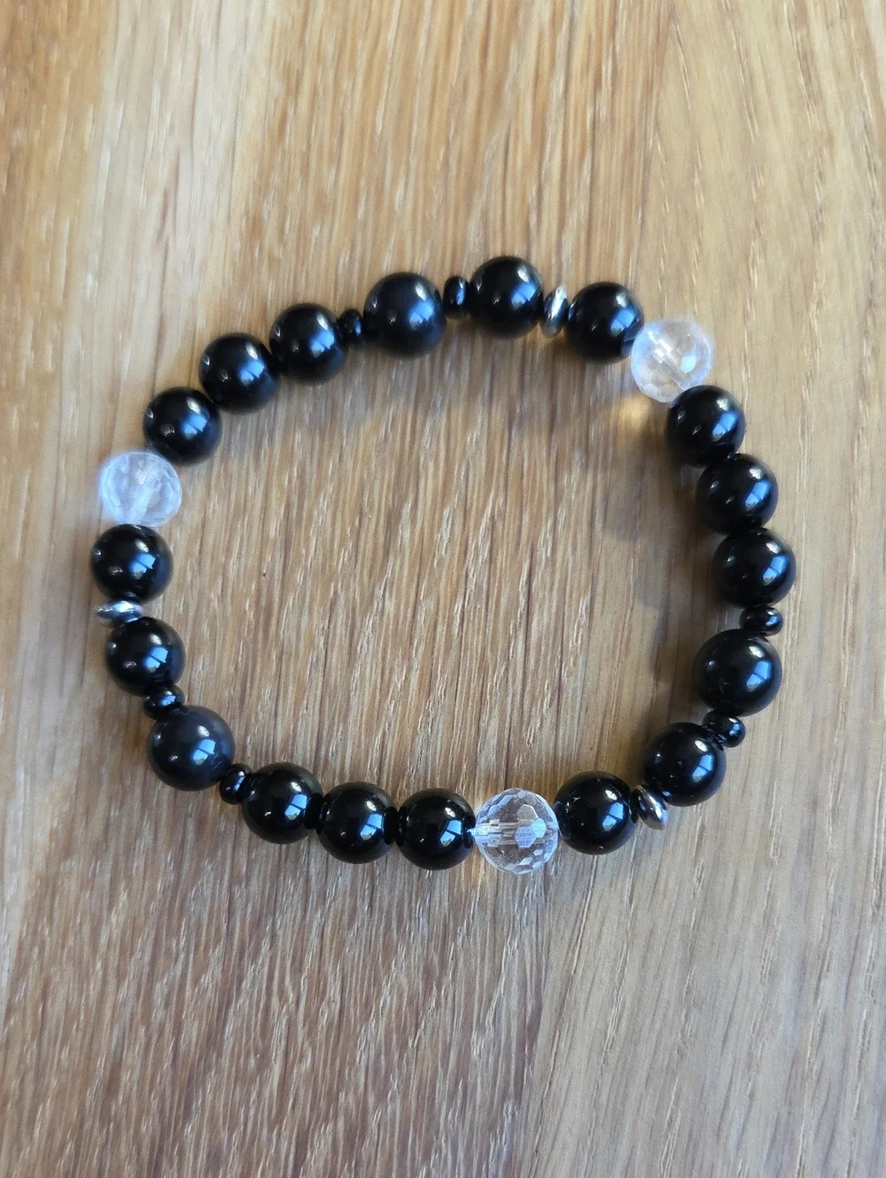 Black Onyx, Rainbow Obsidian & Clear Quartz Beaded Stretch Bracelet | Handmade